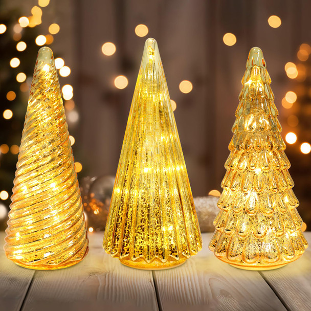 3pcs Lighted Golden Glass Christmas Trees, Glass Christmas Trees, Powered by Batteries，Christmas Table Decorations Lighted Xmas Tree for Living Room Fireplace Tabletop Party