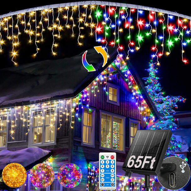 Solar Icicle Christmas Lights Outdoor - 65Ft 506 LED Multi-color Icicle Lights Outdoor Decorations with Remote, Color Changing Solar Icicle String Lights Waterproof for Outside Roof House Yard Decor