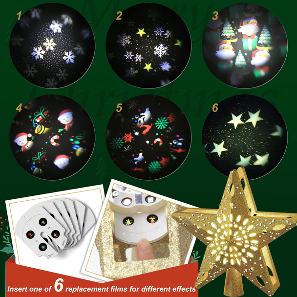 Ryhpez Christmas Tree Topper, Gold Star Christmas Tree Toppers with LED Rotating Snowflake Projector Lights, 3D Glitter Lighted for Christmas Tree Decorations Holiday Party