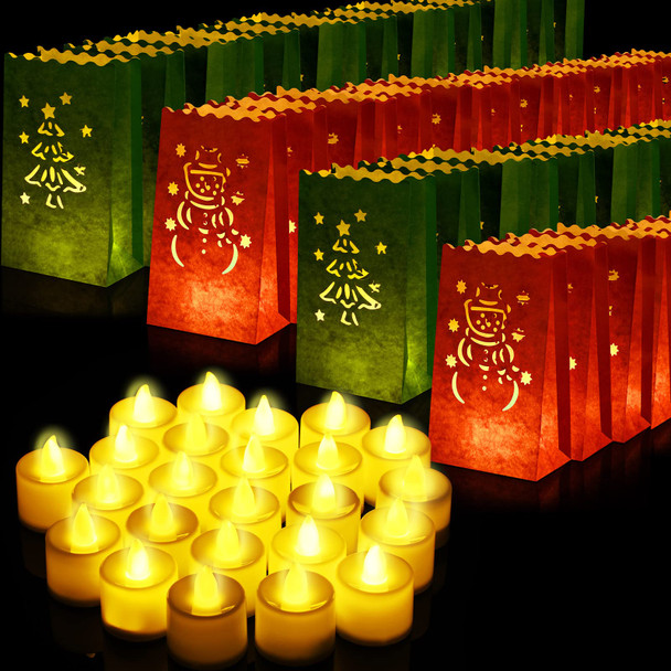 Sabary 50 Set Christmas Luminary Bags with Flameless Candles LED Tea Lights Paper Xmas Luminaries Bags Outdoor Red and Green with Tree, Snowman, Gnome Design for Christmas Party (Snowman)