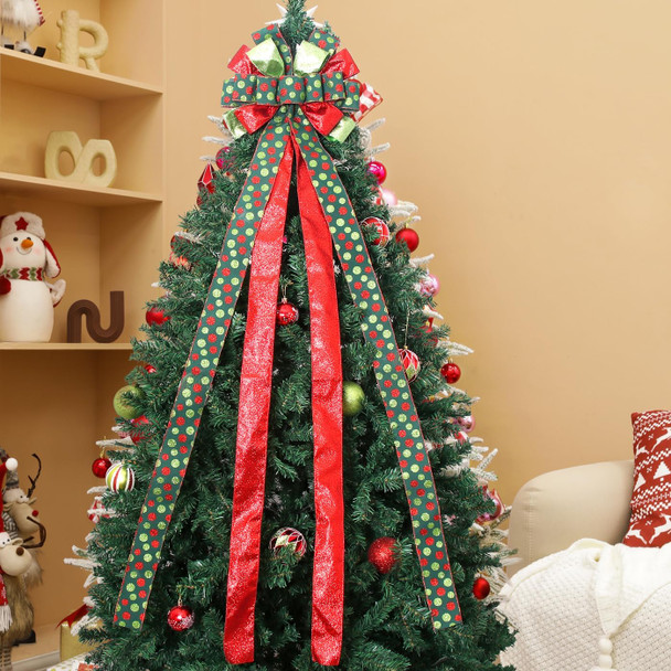 Christmas Tree Topper Wreath Bow Large Green Christmas Bow Tree Topper with Red Green Dot Patterned Bow for Xmas Ornament Holiday Home Wedding Thanksgiving Indoor/Outdoor Decoration 52"x13" Christmas Tree Topper Wreath Bow Large Green Christmas Bow Tree Topper with Red Green Dot Patterned Bow for Xmas Ornament Holiday Home Wedding Thanksgiving Indoor/Outdoor Decoration 52"x13"