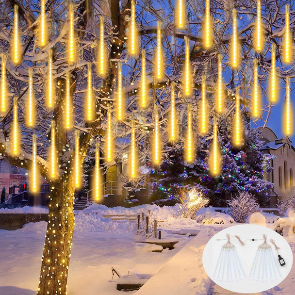 2-Pack Extendable Meteor Shower Christmas Lights Outdoor, Waterproof 16 Tubes 384 LEDs Outdoor Tree Lights for Christmas Decorations Outdoor Backyard Decor Garden Patio Xmas Decor (Warm White)