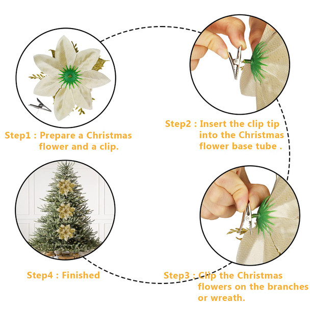 Sawowkuya 15 Pcs Gold Poinsettia Artificial Flowers Glitter Artificial Christmas Flowers Decorations with Clips for Xmas Tree Ornaments Wedding Party Wreath Decor