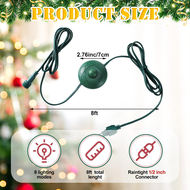 Power Cord 8ft with 8 Lights Modes Foot Switch for Christmas Tree Foot Switch Extension Cord Lights Raintight Plug Compatible Replacement for LED String Light X-Mas Tree (1/2inch, 1)