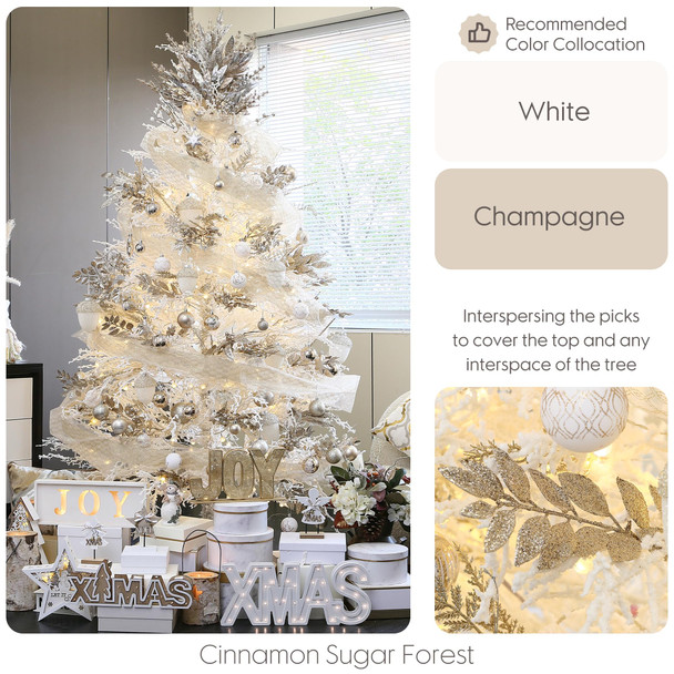 Sea Team 36-Pack Artificial Glitter Acacia Twigs, Decorative Sticks, Glittery Leaves, Stems, Picks, Branches for Christmas Tree, Wreath, Vase Fillers for Centerpieces, Home Décor, Champagne