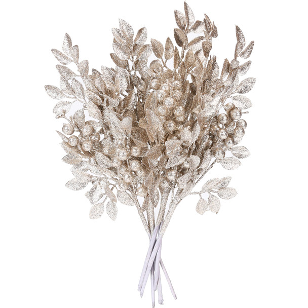 Sea Team 6-Pack Artificial Glitter Holly Berry Twigs, Bacca Stem Ornaments, Decorative Bead Sticks, Picks, Branches for Christmas Tree, Wreath, Vase Fillers, Champagne