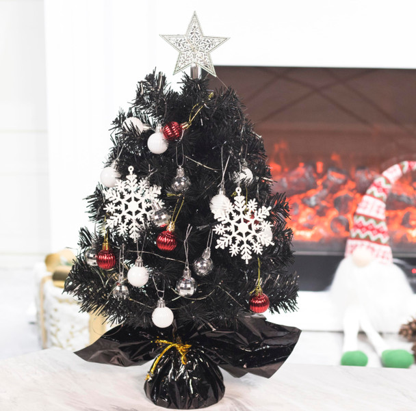 Senjie 23 Inch Mini Christmas Tree with LED Lights and Ornaments for DIY Christmas Decoration, Black