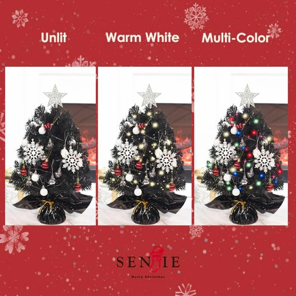 Senjie 23 Inch Mini Christmas Tree with LED Lights and Ornaments for DIY Christmas Decoration, Black