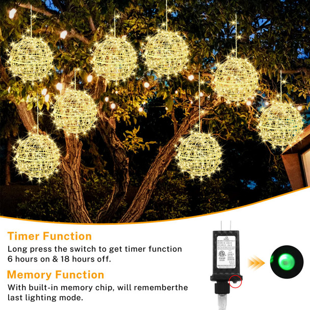 Outdoor Christmas Balls Lights 4 Pack Hanging 7.9" LED Garden Sphere Tree Lights 8 Modes Waterproof Glow Globe Lights with Memory Timer Plug for Party Yard Porch Eave Patio Xmas Decoration-Warm White