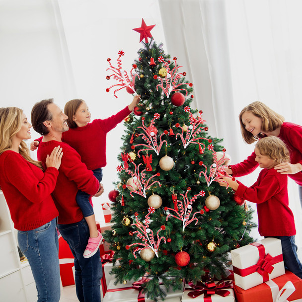 Sggvecsy 4 Pcs Christmas Tree Decoration Candy Cane Woolen Bells Candy Shape Christmas Tree Picks Christmas Bell Curly Picks Ornaments Xmas Tree Topper for Vase Filler Home Office Decor (Red)