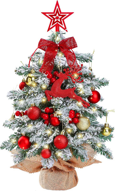 Sggvecsy 23.6’’ Mini Snow Frosted Christmas Tree Table Top Lighted Artificial Xmas Tree Star Treetop Glitter Balls Red Deer Red Bows Red Berries Hanging Ornaments DIY Holiday Indoor Decorations