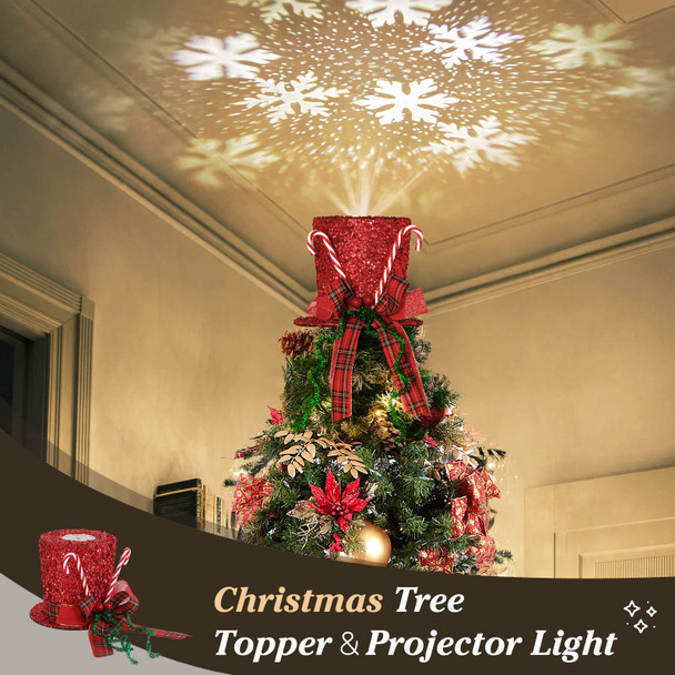 Shinowa Christmas Tree Topper Hat, Metal Frame Christmas Treetop with Motional Snowflake Projector Lights Plug in Glitter Projector Xmas Tree Topper for Christmas Tree Decorations, Red