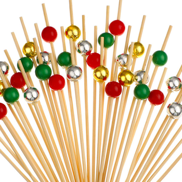 200 Pcs Christmas Cocktail Picks 4.7 Inch Christmas Colorful Bead Handmade Sticks Bamboo Pearl Toothpicks Cocktail Sticks for Drinks Christmas Day Decorations Cake Toppers Cocktail Party Supplies
