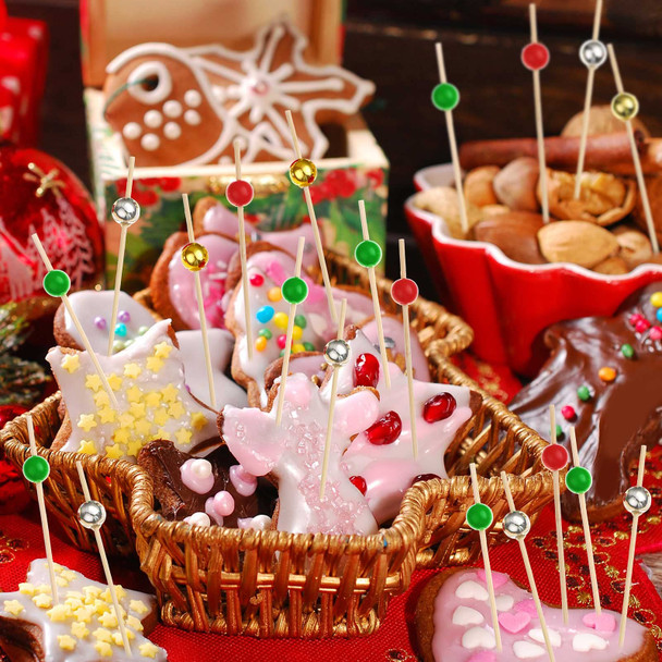 200 Pcs Christmas Cocktail Picks 4.7 Inch Christmas Colorful Bead Handmade Sticks Bamboo Pearl Toothpicks Cocktail Sticks for Drinks Christmas Day Decorations Cake Toppers Cocktail Party Supplies