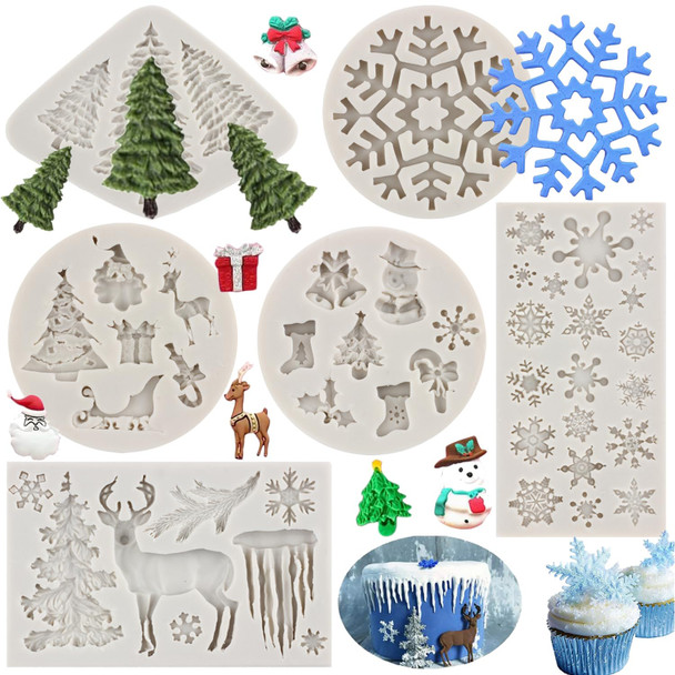 Sijiangmold Christmas Silicone Molds Snowflake Molds Mini Xmas Fondant Chocolate Candy Cake Molds Christmas Tree Deer Elk Frozen Party Mold For Cake Decorating Cake Topper Gum Paste Set Of 6