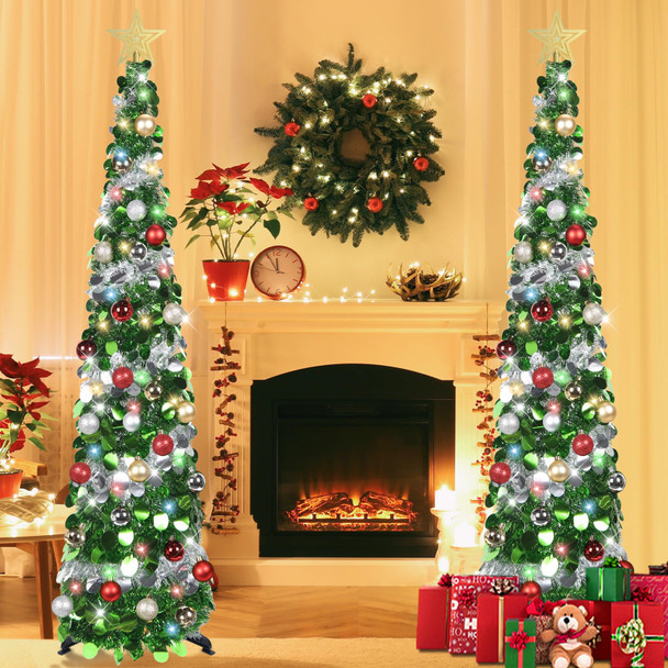 5 FT Pop Up Christmas Tree with Timer Lights and Decorations, Green Silver Tinsel Christmas Tree with 24 Ball Ornaments, Pencil Tree Collapsible Christmas Tree for Home, Apartment, Office