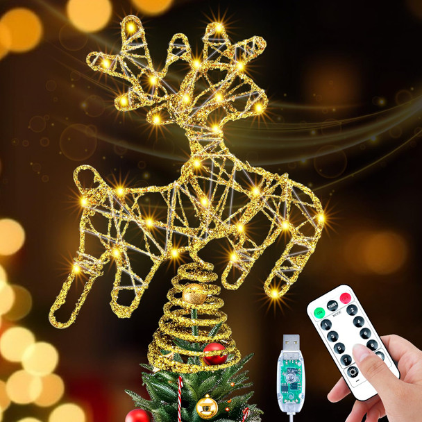 Lighted Reindeer Christmas Tree Topper, 10" 40 LED 2D Deer Christmas Tree Topper with Warm Lights, 8 Lighting Mode with Timer for Christmas, Holiday, Winter Home Decor, USB Plug in/Wire 9.84Ft