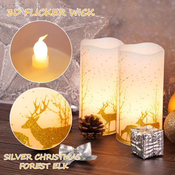 2Pack Christmas LED Flickering Flameless Candles, Battery Operated Wax Candles with Timer Remote, Flameless Pillar Candles with Forest Deer Decal for Home Decorations Christmas s [Gold, 3"X6"]