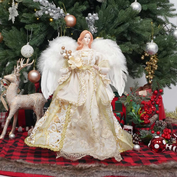Slideep Christmas Angel Tree Topper with Luxury Gold Dress Ruffle Christmas Treetop for Xmas Holiday Ornament 15.7 Inch