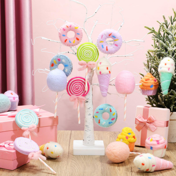 20 Pcs Christmas Felt Wool Dessert Ornaments Set Christmas Tree Felt Hanging Ornament Lollipop Cotton Candy Cake Ice Cream Donut Ornament Holiday Felt Donut Ornaments (Macaron)