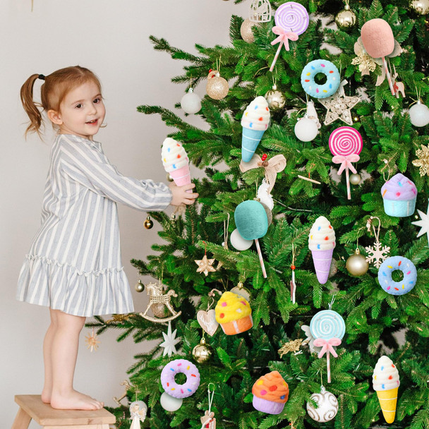 20 Pcs Christmas Felt Wool Dessert Ornaments Set Christmas Tree Felt Hanging Ornament Lollipop Cotton Candy Cake Ice Cream Donut Ornament Holiday Felt Donut Ornaments (Macaron)