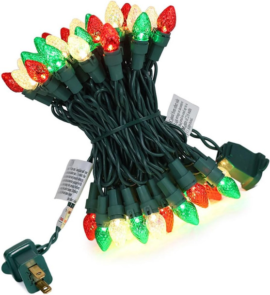 Red White and Green Christmas Lights Outdoor C3 Glass 50 LED String Lights Plug in Fairy Lights with ETL Xmas Decorations for Indoor Outdoor Yard Party Christmas Tree Deco