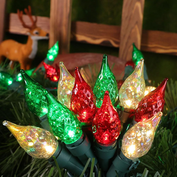 Red White and Green Christmas Lights Outdoor Faceted C5 70 LED 19ft Plug in Fairy Lights Multi-Color String Lights Waterproof Extendable Green Wire Indoor Patio Xmas Tree Party Decor