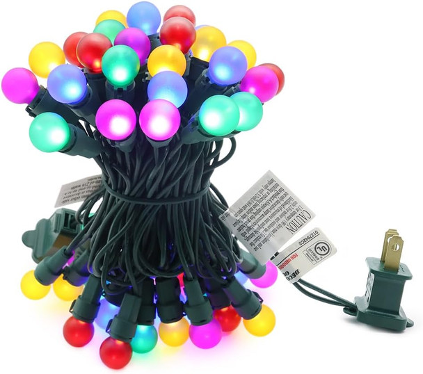 Christmas Light Frosted Multi Color 50 LED Globe String Light UL LED String Lights Plug in Indoor/Outdoor for Xmas Holiday Decor Green Wire Light Set Extendable G15 Glass Bulb