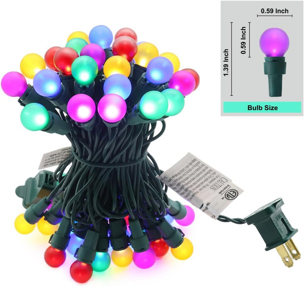 Christmas Light Frosted Multi Color 50 LED Globe String Light UL LED String Lights Plug in Indoor/Outdoor for Xmas Holiday Decor Green Wire Light Set Extendable G15 Glass Bulb