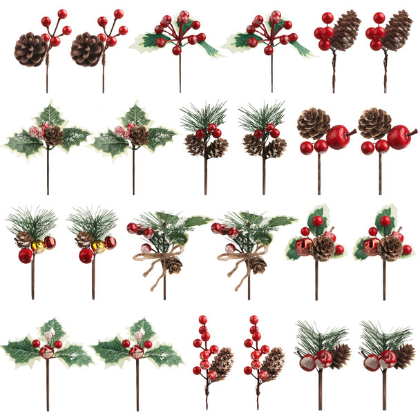 24 Pcs Artificial Christmas Pine Picks Christmas Berries Artificial Stem with Pinecones Apples Bells Christmas Flower Picks for Christmas Tree Wreath Arrangement Winter Holiday Decor