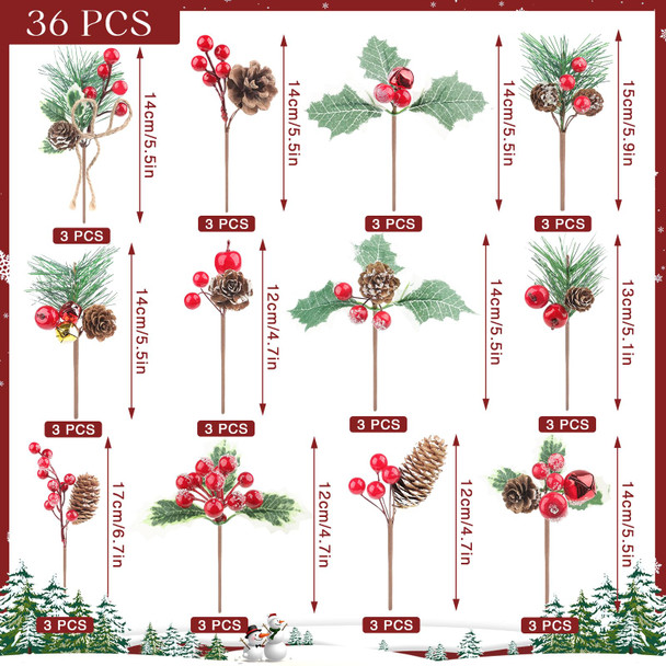 36 PCS Artificial Christmas Pine Picks Christmas Berries Artificial Stem with Pinecones Apples Bells Christmas Flower Picks for Christmas Tree Wreath Arrangement Winter Holiday Decor