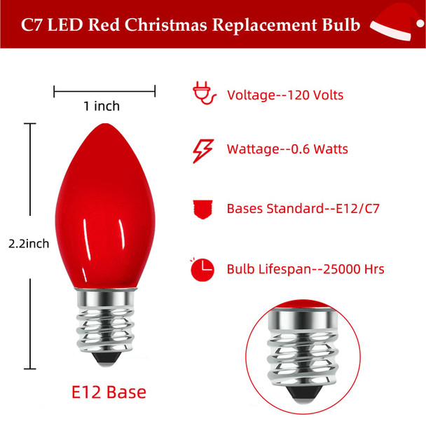 25 Pack Red LED Light Bulbs C7 Replacement Bulbs - LED Glass Opaque Red Bulbs for Christmas Tree Garland Decor, Christmas Lights Replacement Bulbs for Home Yard Porch Stair, E12 Base, 0.6W