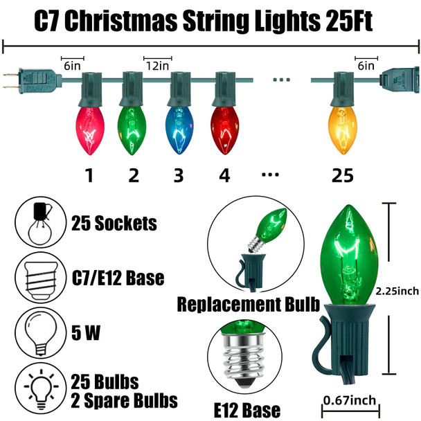 C7 Multicolor Christmas Lights Vintage Christmas Tree Lights Indoor Outdoor, 25 Feet Clear Colorful Christmas Lights with 25Pcs E12 Base Bulbs For Christmas Decorations for Home Yard Porch Stair