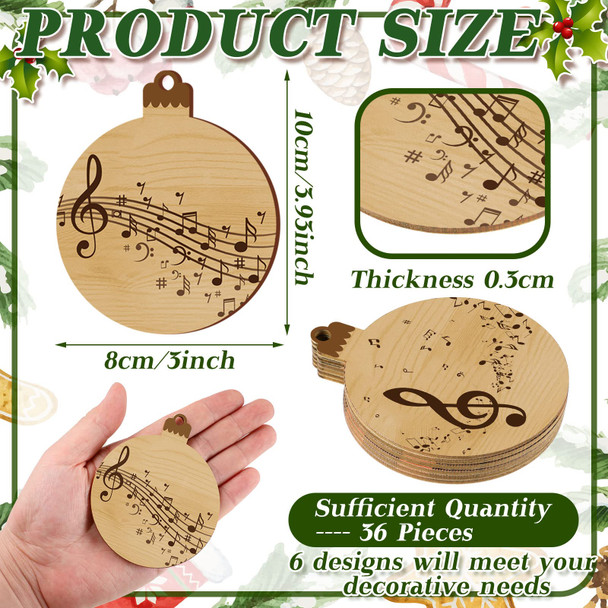 36 Pcs Christmas Treble Clef Music Wood Christmas Tree Holiday Ornament Music Notes Shaped Wood DIY Craft Cutouts Musical Wood Tags Ornaments with Rope, approx. 8 cm/ 3.15 inches