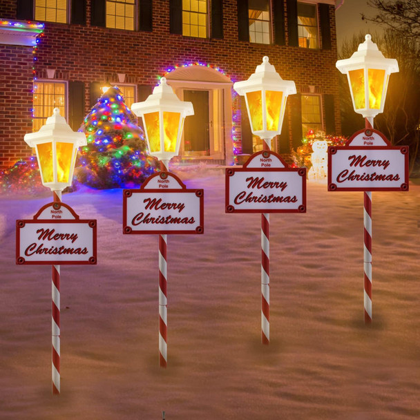Christmas Solar Pathway Lights Outdoor - 4 Pack Waterproof Flickering Flames Candy Cane Stake Markers Lights, 12 Bright LED for Christmas Patio, Yard, Driveway Decoration （White）