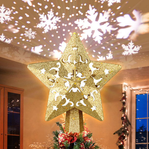 Christmas Tree Topper Projector, LED Star Tree Topper Lighted, Glitter Gold Star Topper Projector with Rotating Snowflake Projection for Indoor Christmas Tree Decor, Xmas Decorations