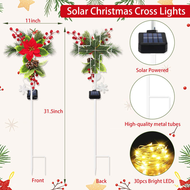 2 Pack Solar Christmas Decorations Outdoor, 32 Inch Solar Christmas Cross Stake Lights, Waterproof Grave Decorations with Poinsettia Flower Pinecones Red Berries for Garden Yard Patio Lawn Cemetery