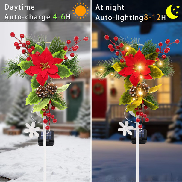 2 Pack Solar Christmas Decorations Outdoor, 32 Inch Solar Christmas Cross Stake Lights, Waterproof Grave Decorations with Poinsettia Flower Pinecones Red Berries for Garden Yard Patio Lawn Cemetery