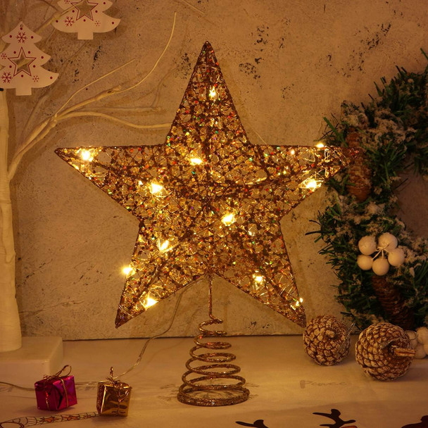 Golden Star Christmas Tree Topper Hallow Bling Powder Christmas Treetop Lights for Holiday Decoration, 7.8 x 11.8 Inch