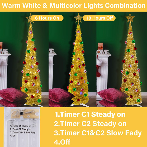 [ 4 Lighting Modes & Timer ] 5 Ft Pop Up Christmas Pencil Tree with 25 Ball Ornaments, Tinsel Christmas Tree with 60 Warm White & Multi Color Change Lights for Home Holiday Indoor Decorations (Gold)