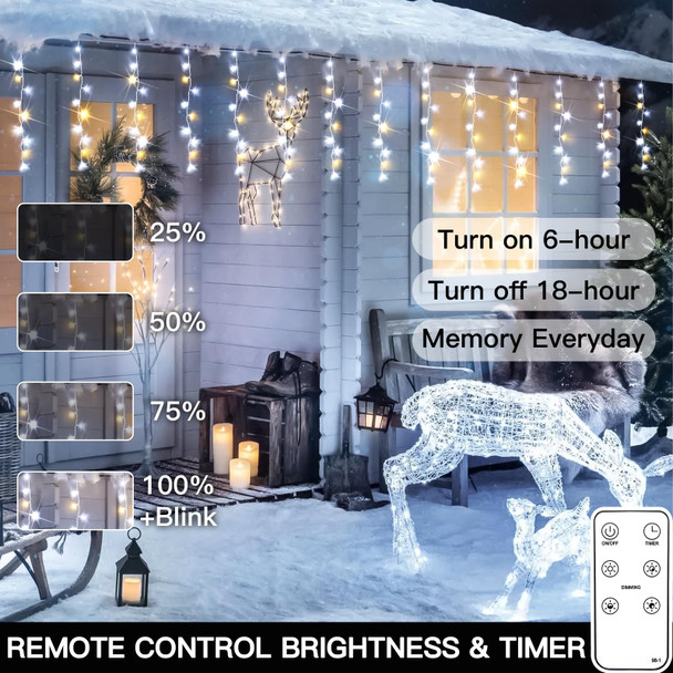 suddus Icicle Lights for Outside, 23.6ft 240 Led Hanging String Lights Outdoor Waterproof, Plug in Connectable Christmas Lights for House, Roof, Fence, Railing, Bedroom, Cool White with Warm White