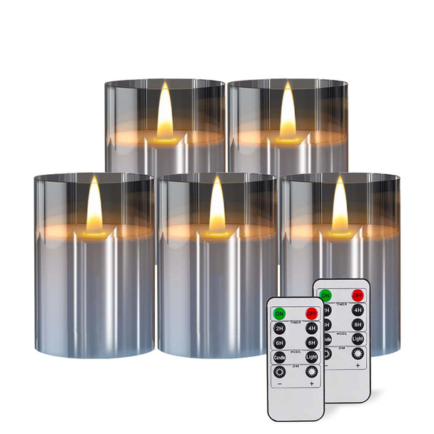 Grey Acrylic Flameless Candles, 5 Pack Plexiglass Pillar Candle Set, Warm White Light Electric Candles Battery Operated with 2 Remote and Timer for Valentines, Christmas, Bars and Hotel Decoration