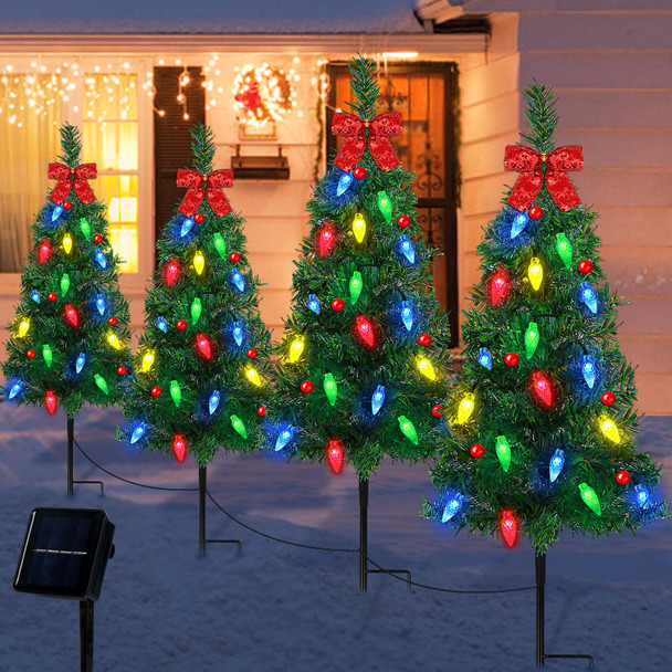 4 Pcs 37In Solar Christmas Tree Lights Solar Outdoor Christmas Tree with Waterproof 80 Lights Christmas Solar Lights Christmas Outdoor Light for Decor Garden Yard Pathway