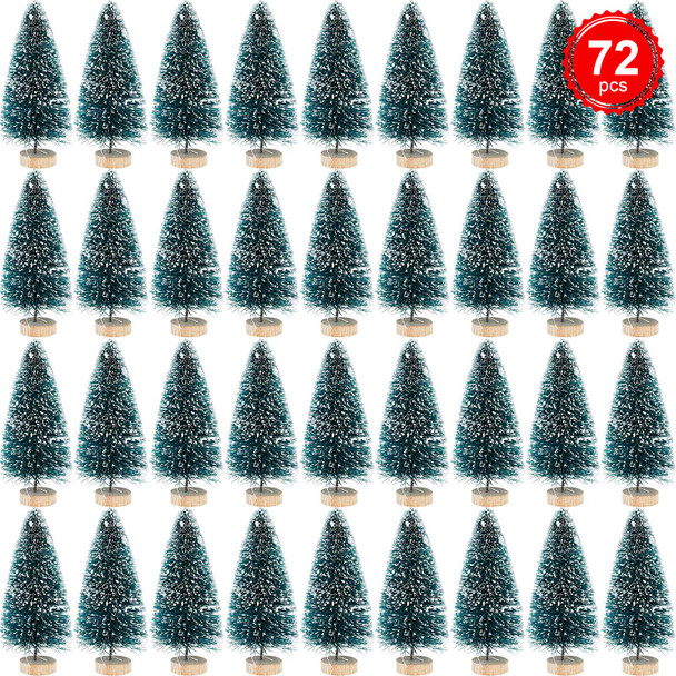 Mini Bottle Brush Pine Trees with Wood Base - Winter Snow Frost Decor and Ornaments, 72 Pieces