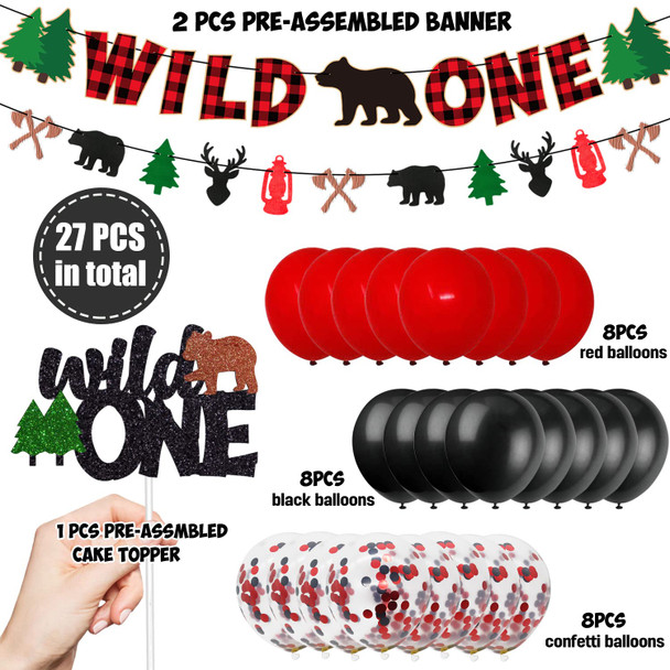 Wild 1st One Birthday Decorations Pack - Buffalo Plaid Christmas Winter Bear Woodland Camping Hunting Lumberjack-Themed Baby Shower Bday Party Supplies Includes Glitter Cake Topper Banner and Balloons