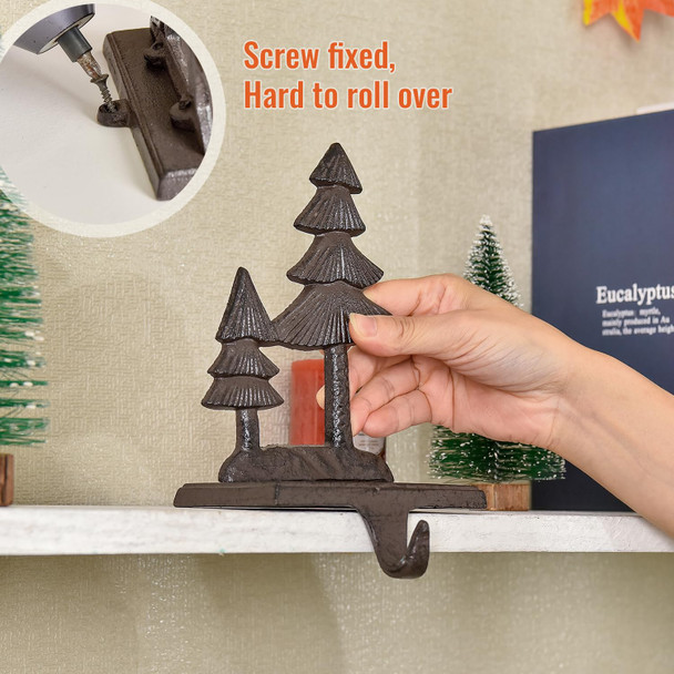 Sungmor Christmas Stocking Holders, 2PC Cast Iron Mantel Hooks Home Decor Holiday s, Heavy-Duty Anti-Slip Fireplace Hangers, Christmas Tree Reindeer Pattern Hooks for Xmas Shelf Topper Decoration