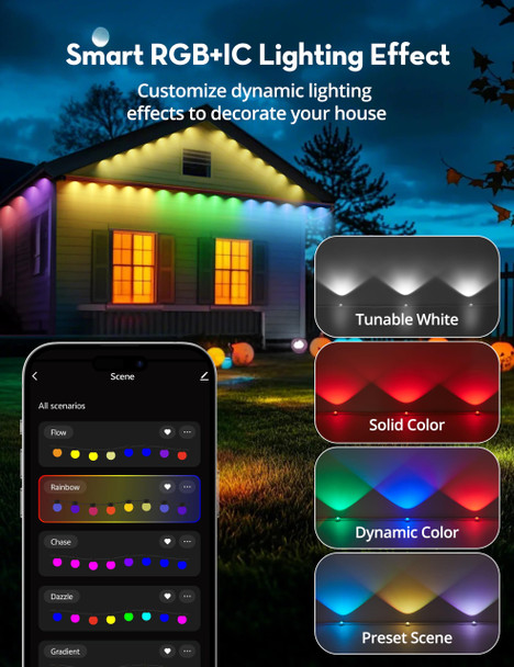 RGB+IC Permanent Outdoor Lights for House Garden, 50Ft Smart Eave Lights, String Lights, IP67 Waterproof, for Christmas Halloween Decor Birthday with Alexa, Google Assistant APP/Remote Control