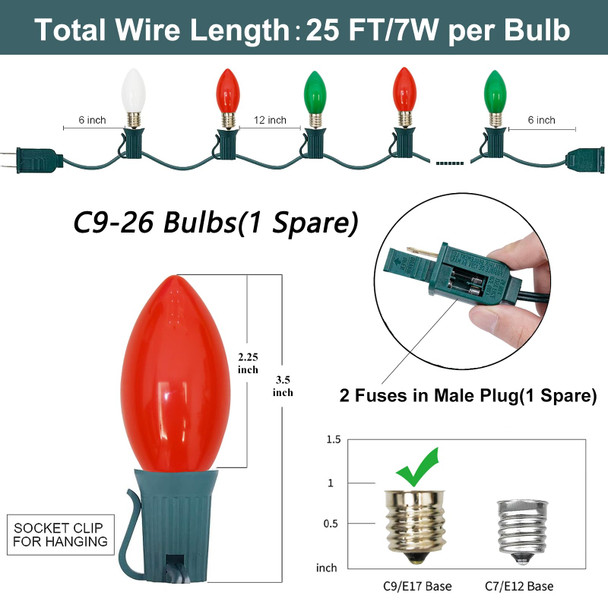 SUNSGNE C9 Christmas String Lights, 25 Feet Vintage Christmas Tree Lights with 26 7W Red Green White Glass Bulbs(1 Spare), Connectable Hanging Lights for Patio Balcony Xmas Decor, Green Wire