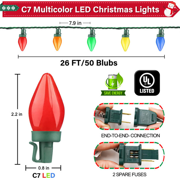 C7 Christmas Lights 50 LED Battery Operated 24Ft C7 Christmas Lights C7 Christmas String Lights Remote Timer 8 Lighting Modes for Indoor Outdoor Room Garden Yard Roof Tree Party Christmas Decor