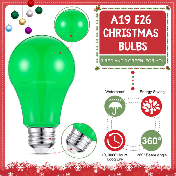 Supervitae 6 Pack A19 LED Light Bulb Christmas Light Bulbs 120V E26 Base 9 Watt Colored Light Bulbs for Christmas Holiday Party Decoration Porch Home Lighting, 60 Watt Equivalent(Red, Green)